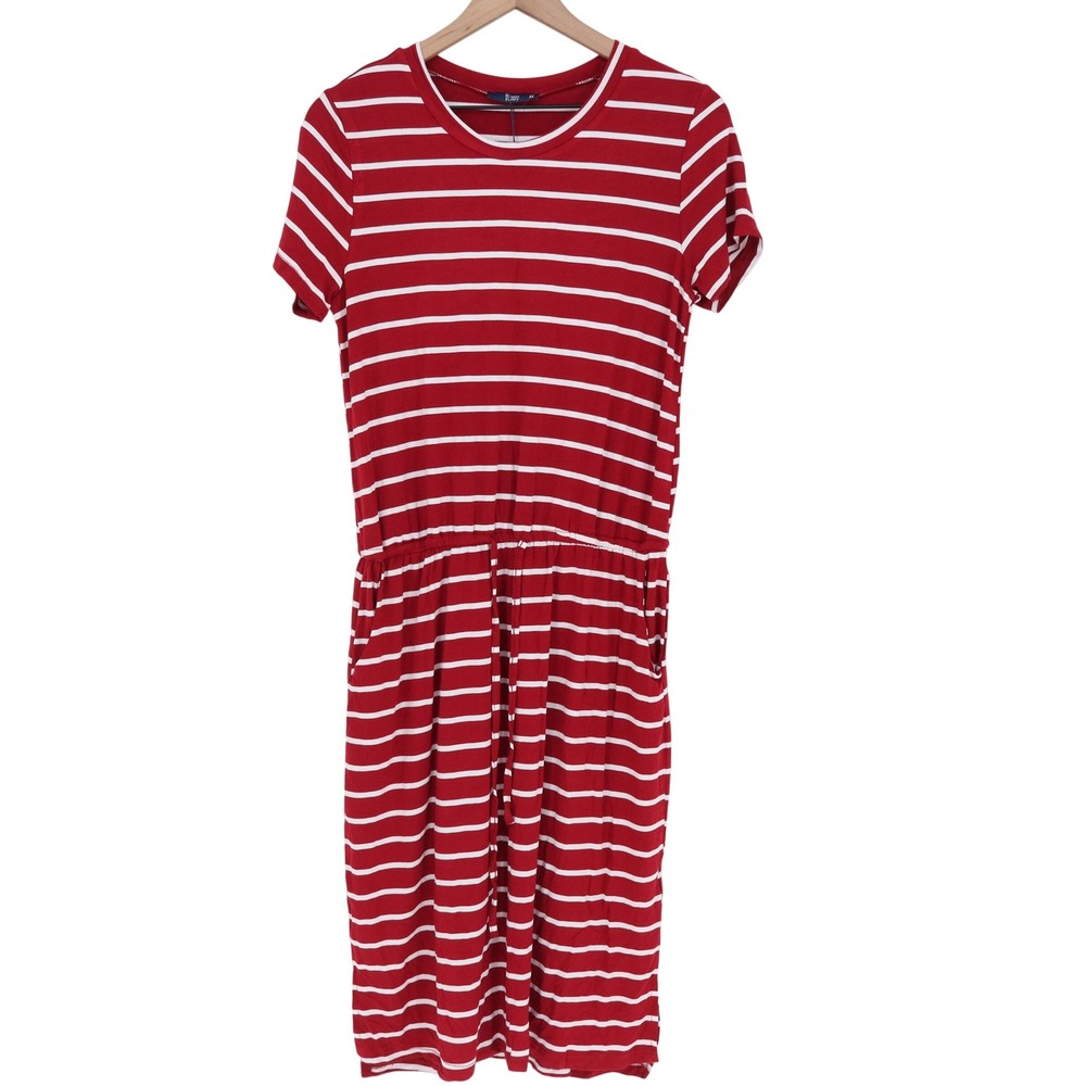 Simier Fariry Red White Striped Short Sleeve Midi Dress Pockets Medium NEW